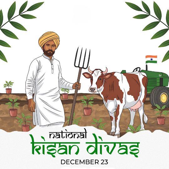 Illustration of a Farmer in Traditional Attire Holding a Pitchfork, Standing Next to a Cow and a Tractor with the Indian Flag, Surrounded by Plants, Celebrating National Kisan Divas, December 23.