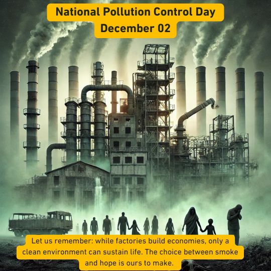 Image of a Large Industrial Factory Emitting Smoke with Silhouettes of People in the Foreground, Highlighting Environmental Pollution. the Text Reads 'National Pollution Control Day, December 02' and emphasizes the importance of choosing a clean environment over industrial smoke for sustainable living.