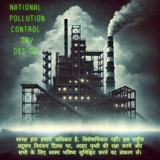 Industrial Plant Emitting Smoke with the Caption 'National Pollution Control Day Dec 02.' Below the image, Hindi text emphasizes the importance of clean air and the collective responsibility to protect the Earth and ensure a healthy future for everyone.