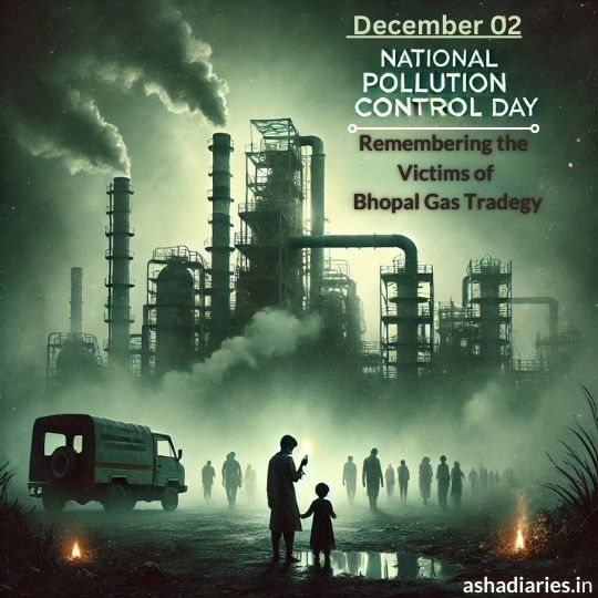 Silhouette of People Standing Against a Backdrop of an Industrial Plant Emitting Smoke, Symbolizing the Bhopal Gas Tragedy, with Text Highlighting National Pollution Control Day on December 2 and Remembering the Victims.