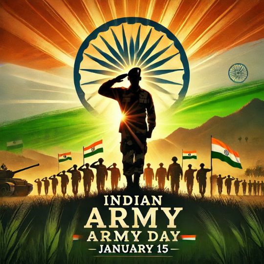 Promotional Graphic for Indian Army Day, Featuring a Silhouette of a Saluting Soldier Against a Sunset Background with a Stylized Ashoka Chakra. in the Foreground, Rows of Soldiers and Indian Flags Are Displayed, with a Tank on the Left. the Text 'Indian Army Day January 15' is prominently featured.