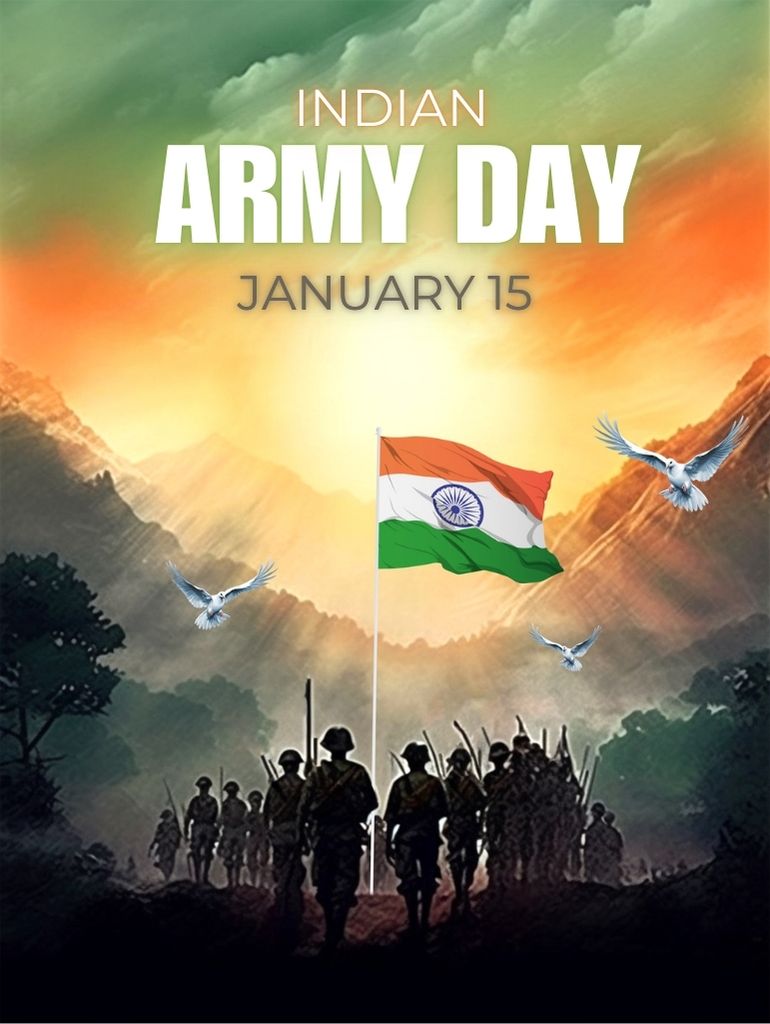 This Image is a Poster Commemorating Indian Army Day, Which is Observed on January 15. the Poster Features a Silhouette of Indian Soldiers Marching with Rifles, Against a Backdrop of Mountains with the Colors of a Sunrise or Sunset. the Indian Flag is Prominently Displayed, and There Are Three White Birds Flying in the Sky, Symbolizing Peace. the Poster is Designed to Evoke Feelings of Patriotism and Respect for the Military.