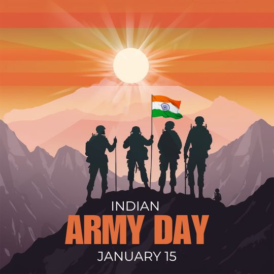 Graphic for Indian Army Day Showing Four Soldiers with Silhouette Figures Standing Atop a Mountain Holding the Indian Flag, with a Vibrant Sunrise in the Background and 'January 15' text overlay.