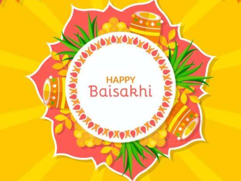 Graphic illustration wishing 'Happy Baisakhi' with a festive design, featuring a circular center surrounded by wheat stalks, traditional Indian drum instruments, and flower petals, set against a bright yellow background banners.