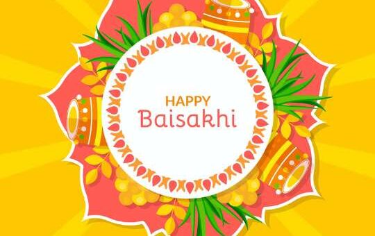 Graphic Illustration Wishing 'happy Baisakhi' with a Festive Design, Featuring a Circular Center Surrounded by Wheat Stalks, Traditional Indian Drum Instruments, and Flower Petals, Set Against a Bright Yellow Background Banners.