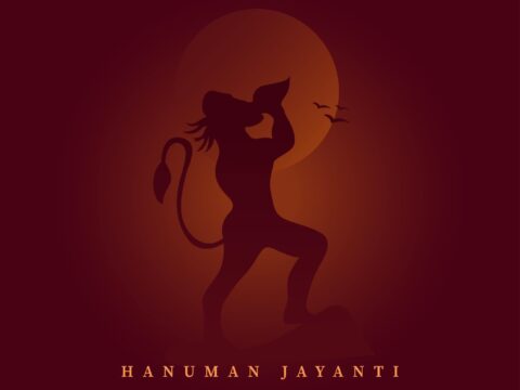 An illustration of a silhouette of Lord Hanuman set against a full moon, with birds flying in the background, celebrating Hanuman Jayanti.