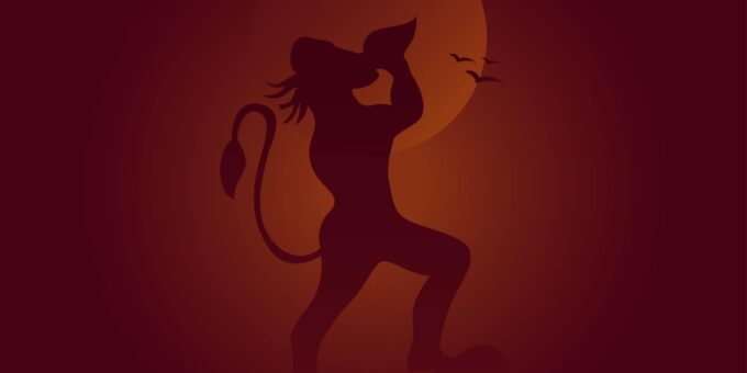 an Illustration of a Silhouette of Lord Hanuman Set Against a Full Moon, with Birds Flying in the Background, Celebrating Hanuman Jayanti.