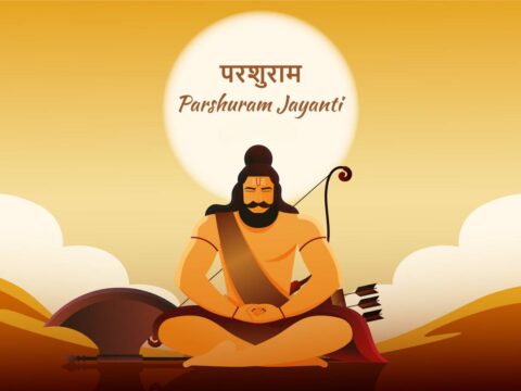 An illustration of Parshuram Jayanti celebration, depicting a seated figure resembling the Hindu sage Parshuram, with an axe and bow, against a backdrop of the sun and clouds.