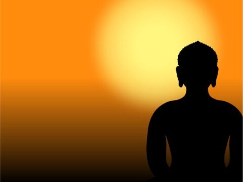 "Silhouette of a meditating figure against a radiant orange backdrop, with the text 'Mahavir Jayanti'.