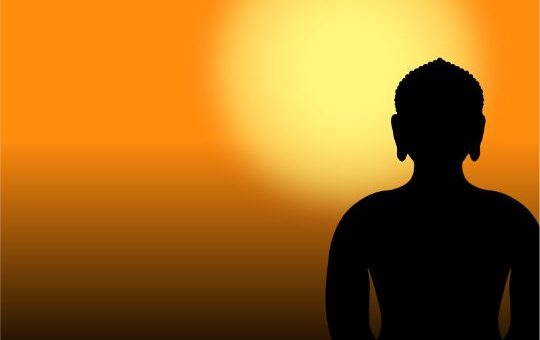 "silhouette of a Meditating Figure Against a Radiant Orange Backdrop, with the Text 'mahavir Jayanti'.