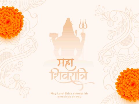 A festive greeting card with a central silhouette of a temple and a trident, symbolizing Lord Shiva, flanked by two orange marigold flowers. Decorative floral patterns frame the image, and the text 'महाशिवरात्रि' in Devanagari script along with 'May Lord Shiva shower his blessings on you' in English conveys best wishes for Maha Shivaratri.