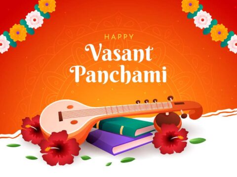 A festive graphic for Vasant Panchami with a sitar, books, and hibiscus flowers against an orange gradient background, adorned with a floral garland in the corner and the greeting 'Happy Vasant Panchami' prominently displayed.