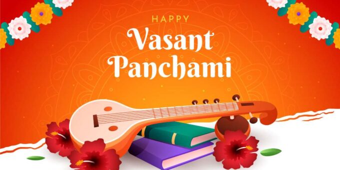 a Festive Graphic for Vasant Panchami with a Sitar, Books, and Hibiscus Flowers Against an Orange Gradient Background, Adorned with a Floral Garland in the Corner and the Greeting 'happy Vasant Panchami' Prominently Displayed.