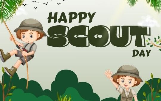 a Graphic Celebrating "happy Scout Day" with Two Cartoon Children Dressed in Scout Uniforms. One Child is Climbing a Rope, and the Other is Sitting on a Suitcase with a Hand Raised in Greeting. They Are Surrounded by a Natural Landscape with Palm Trees, Grass, and a Clear Sky with Birds Flying in the Distance.