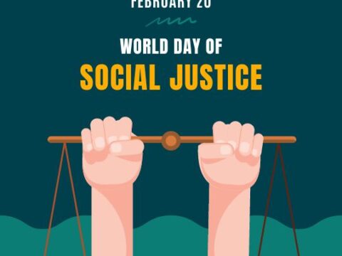 Illustration commemorating World Day of Social Justice on February 20, featuring two raised fists holding a balance scale, symbolizing the fight for equality and justice, against a teal background.