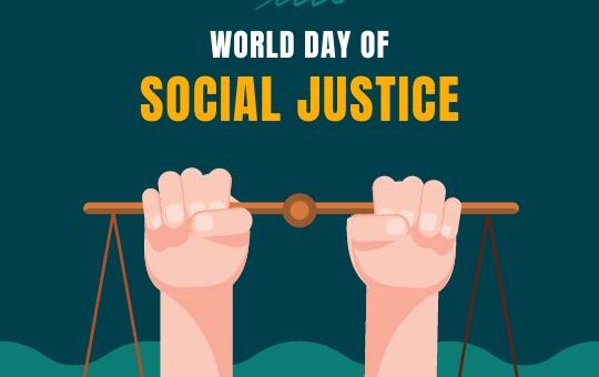 Illustration Commemorating World Day of Social Justice on February 20, Featuring Two Raised Fists Holding a Balance Scale, Symbolizing the Fight for Equality and Justice, Against a Teal Background.