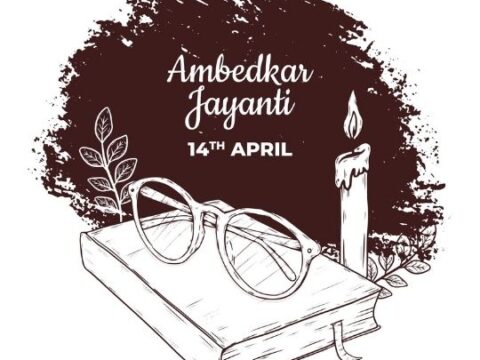 Graphic illustration commemorating Ambedkar Jayanti with the date '14th April' prominently displayed. The illustration features a book, a pair of round glasses, a lit candle, and a few leaves, all set against a dark brush stroke background. The text 'Ambedkar Jayanti' is written above in bold lettering.