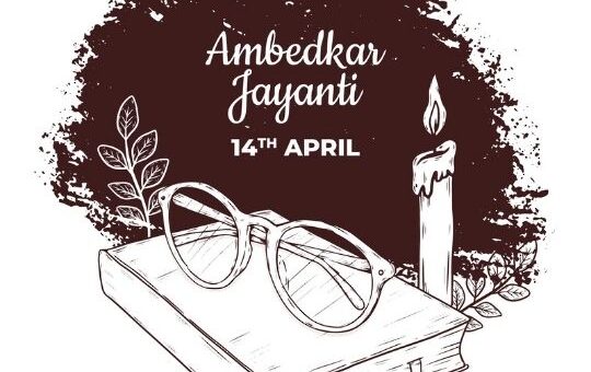 Graphic Illustration Commemorating Ambedkar Jayanti with the Date '14th April' Prominently Displayed. the Illustration Features a Book, a Pair of Round Glasses, a Lit Candle, and a Few Leaves, All Set Against a Dark Brush Stroke Background. the Text 'ambedkar Jayanti' is Written Above in Bold Lettering.