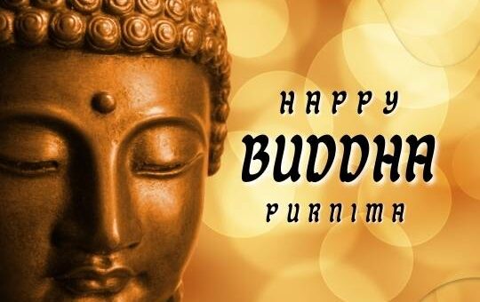 a Statue of Buddha with a Warm Golden Glow and Bokeh Effect in the Background, with Text Wishing "happy Buddha Purnima".