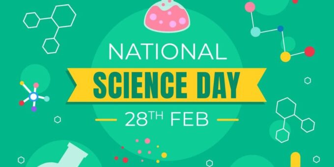 Illustration for National Science Day Featuring an Array of Scientific Icons, Including an Atom Model, Chemical Flasks, a Bunsen Burner with Test Tubes, and Molecular Structures, with the Event Name and Date '28th Feb' Prominently Displayed on a Vibrant Green Background.