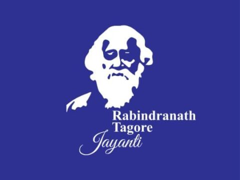 Graphic illustration featuring a white silhouette of Rabindranath Tagore on a deep blue background with the text 'Rabindranath Tagore Jayanti' below.
