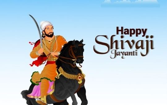 a Digital Illustration of Chhatrapati Shivaji Maharaj Riding a Horse with a Sword in Hand, Against a Blue Sky with Clouds, Celebrating Shivaji Jayanti.