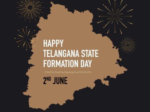 Illustration commemorating Telangana State Formation Day with a silhouette of the Telangana map in brown on a black background, adorned with gold firework displays, and the text 'Happy Telangana State Formation Day 2nd June'.