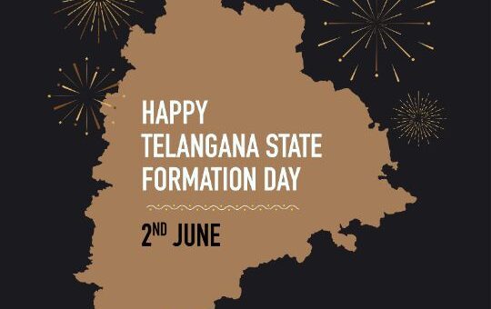 Illustration Commemorating Telangana State Formation Day with a Silhouette of the Telangana Map in Brown on a Black Background, Adorned with Gold Firework Displays, and the Text 'happy Telangana State Formation Day 2nd June'.