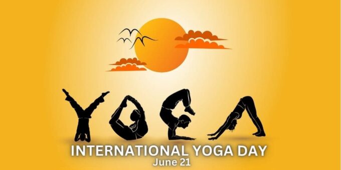 a Poster Featuring Silhouetted Figures Performing Various Yoga Poses with a Warm, Gradient Yellow Background That Merges into an Orange Sun Setting Behind Fluffy Clouds. the Text "international Yoga Day June 21" is Prominently Displayed.