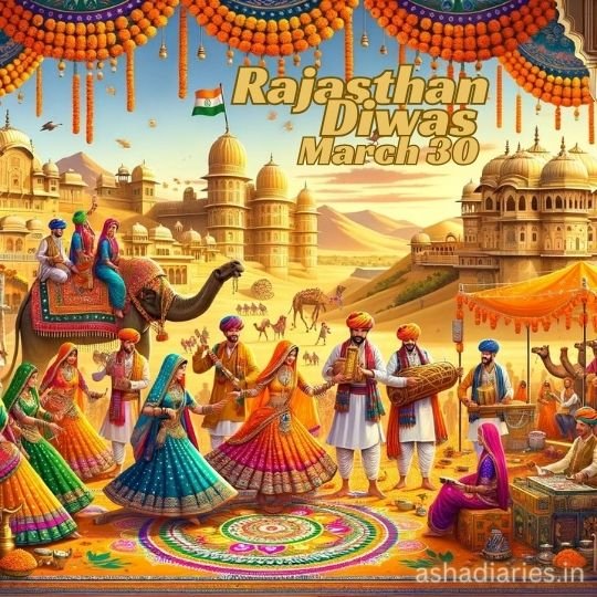 A vibrant illustration celebrating Rajasthan Diwas (Day) with traditional Indian dancers, musicians, and a camel against a backdrop of Rajasthani architecture, under an ornamented sky.