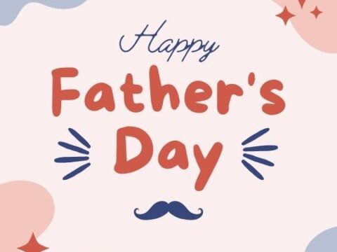 A festive graphic with the text "Happy Father's Day" prominently centered. Above the text, a playful mustache graphic is displayed, while decorative bursts flank the words on either side, symbolizing celebration. The background is a pastel palette with abstract shapes and whimsical stars, contributing to a cheerful and celebratory mood.