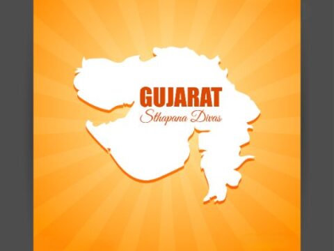 A white silhouette of the state of Gujarat on an orange background with sunburst pattern, accompanied by the text "GUJARAT Sthapana Diwas".