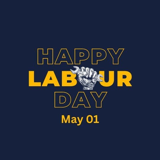 Honoring Solidarity - a Labour Day Tribute | Asha Diaries a Graphic Design for Labour Day Featuring a Clenched Fist and the Text "happy Labour Day - May 01" on a Dark Background.
