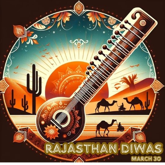 Illustration commemorating Rajasthan Diwas, featuring a sitar blending into a desert landscape with camels and cacti, against a backdrop of sun and stars within an ornate border.