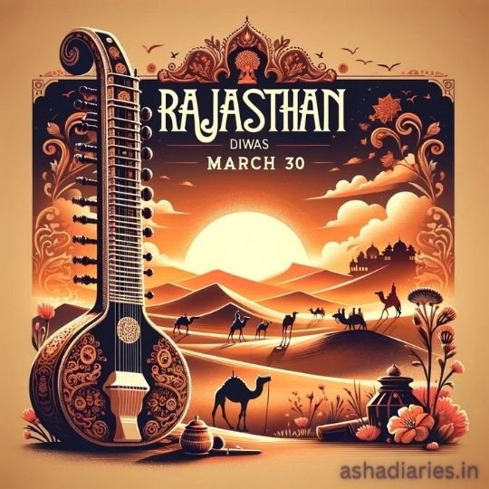 Illustrative poster celebrating Rajasthan Diwas with a stylized sitar dominating the foreground, intricately decorated with traditional Indian patterns. The background features a desert landscape with camels, a rising sun, and iconic architecture, symbolizing the cultural heritage of Rajasthan.