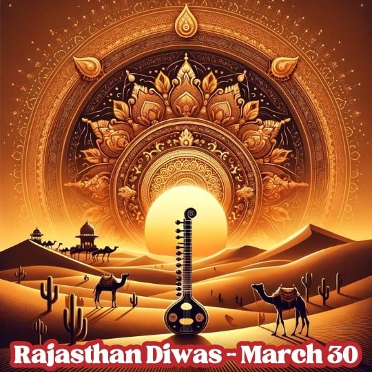 An artistic poster for Rajasthan Diwas featuring a stylized desert landscape with camels, a traditional musical instrument, and an ornate sun motif.