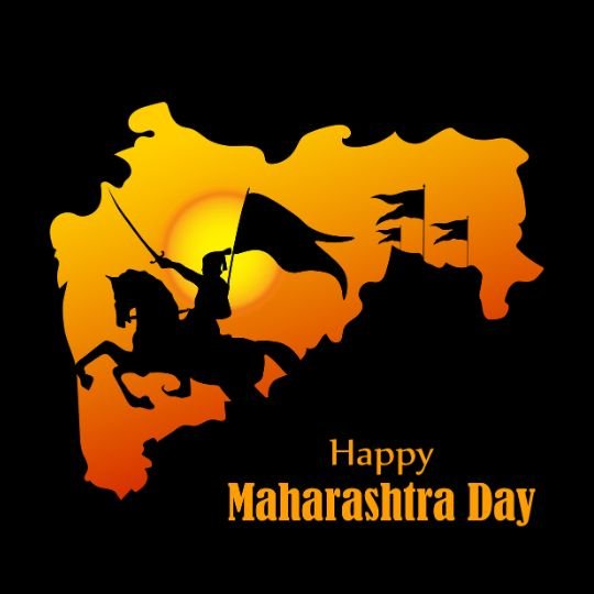 Sunset Silhouette - Celebrating Maharashtra Day | Asha Diaries a Silhouette of a Warrior on Horseback Holding a Flag Against the Backdrop of a Stylized Map of Maharashtra, Bathed in Orange Hues with a Sunset at the Center. the Text "happy Maharashtra Day" is Prominently Displayed.