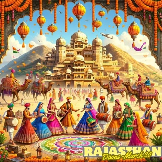 A vibrant and celebratory illustration for Rajasthan Diwas, depicting traditional dance, music, and camel rides in front of a grand palace, with cultural decorations and a bright, festive atmosphere.