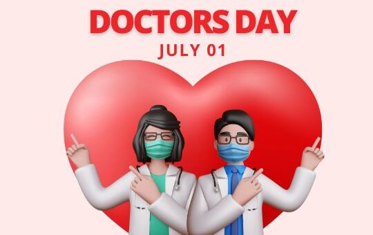 a Graphic Celebrating Doctors' Day with Two Cartoon-style Doctors, a Male and a Female, Standing in Front of a Large Heart. the Female Doctor Has Green Detailing on Her White Coat, and the Male Doctor Has Blue. Both Are Wearing Surgical Masks and Pointing Upward, Gesturing a Peace Sign with Their Fingers. Text Above Reads 'doctors Day July 01', Against a Soft Pink Background.