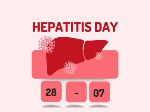 A graphic image commemorating Hepatitis Day, featuring a stylized representation of a liver in red with virus particles, alongside the date '28 - 07' indicating July 28th.