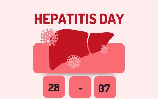 a Graphic Image Commemorating Hepatitis Day, Featuring a Stylized Representation of a Liver in Red with Virus Particles, Alongside the Date '28 - 07' Indicating July 28th.