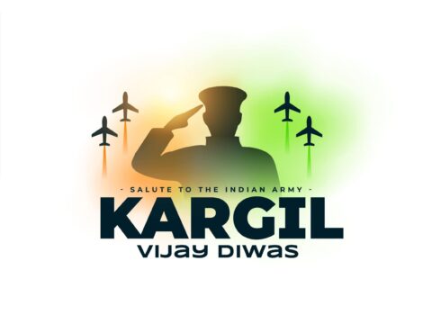 A graphic poster commemorating Kargil Vijay Diwas with a silhouette of a saluting soldier against a soft gradient background of green and yellow hues. Above the soldier, three fighter jets in formation emit trailing lines. Below, bold text reads "KARGIL VIJAY DIWAS," with a subheading "Salute to the Indian Army. The design conveys respect and tribute to the military victory and the soldiers.