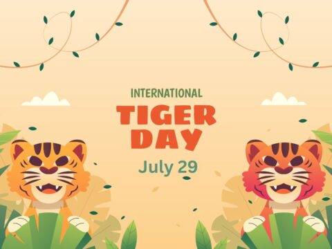Illustration for International Tiger Day on July 29 featuring two children with tiger face paint amidst a festive background with plants, clouds, and decorative vines.