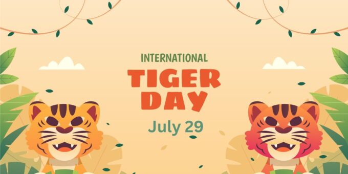 Illustration for International Tiger Day on July 29 Featuring Two Children with Tiger Face Paint Amidst a Festive Background with Plants, Clouds, and Decorative Vines.