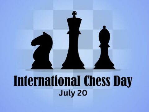 A graphic for International Chess Day featuring the silhouettes of three chess pieces—a knight, a rook, and a bishop—aligned left to right against a blue background that has a faint checkerboard design. Below the pieces, the text reads 'International Chess Day July 20'.
