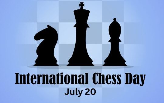 a Graphic for International Chess Day Featuring the Silhouettes of Three Chess Pieces—a Knight, a Rook, and a Bishop—aligned Left to Right Against a Blue Background That Has a Faint Checkerboard Design. Below the Pieces, the Text Reads 'international Chess Day July 20'.