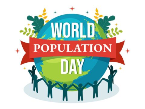 Illustration for World Population Day featuring a group of stylized human figures holding up a globe with a ribbon across it that reads 'World Population Day.' The globe is adorned with plant motifs, signifying growth and life, and there are sparkles around, suggesting celebration and awareness.