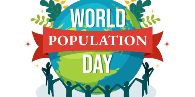 Illustration for World Population Day Featuring a Group of Stylized Human Figures Holding Up a Globe with a Ribbon Across It That Reads 'world Population Day.' the Globe is Adorned with Plant Motifs, Signifying Growth and Life, and There Are Sparkles Around, Suggesting Celebration and Awareness.