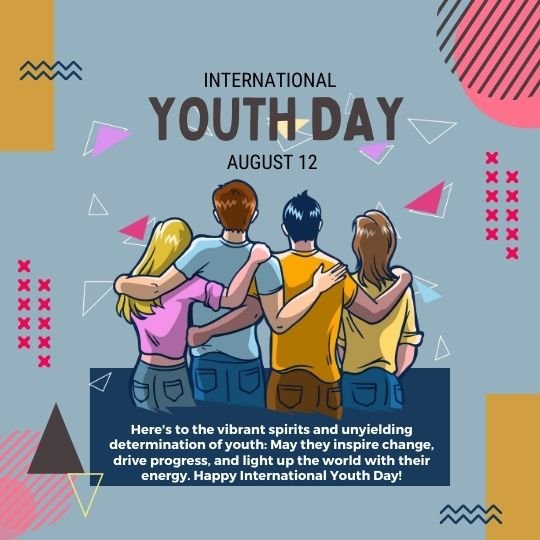 Celebrating International Youth Day with Vibrant Illustration and Inspiring Message | Asha Diaries Graphic for International Youth Day Featuring Three Animated Youths Hugging, Viewed from Behind, with a Background of Geometric Shapes and Vibrant Patterns. the Text Celebrates the Energy and Potential of Youth to Inspire Change and Progress.