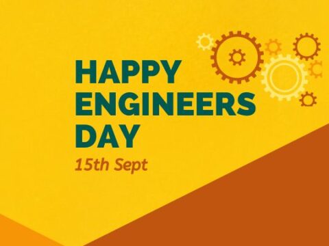 Happy Engineers Day greeting card with mechanical gears and cogs on a vibrant yellow and orange background, commemorating the 15th of September.